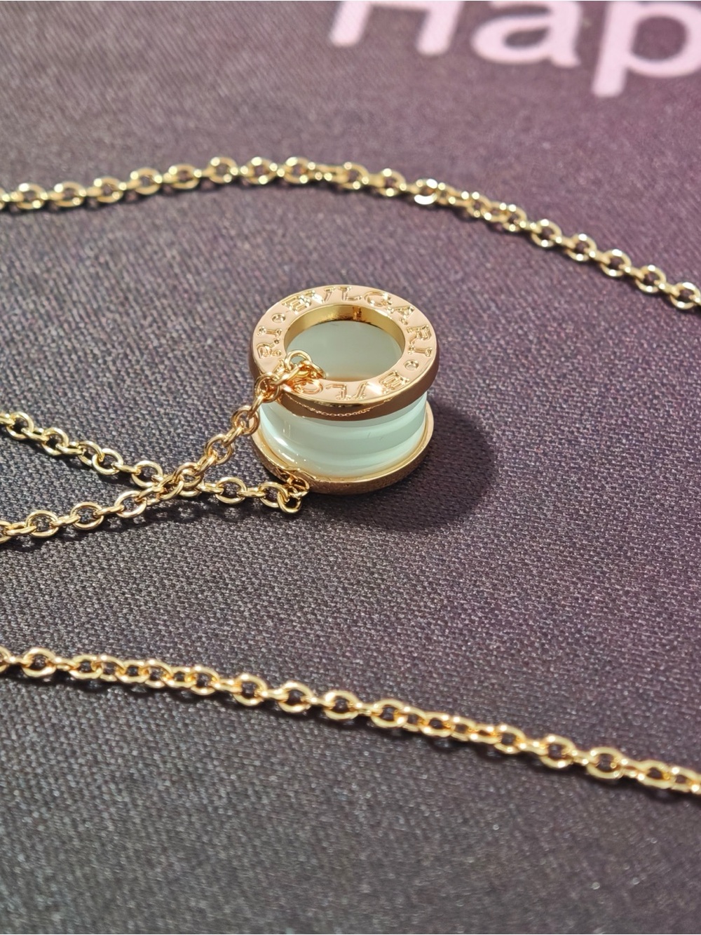 Bulgari Gold-Tone Necklace with Mint Green Ceramic Pendant - Picture 2 of 9